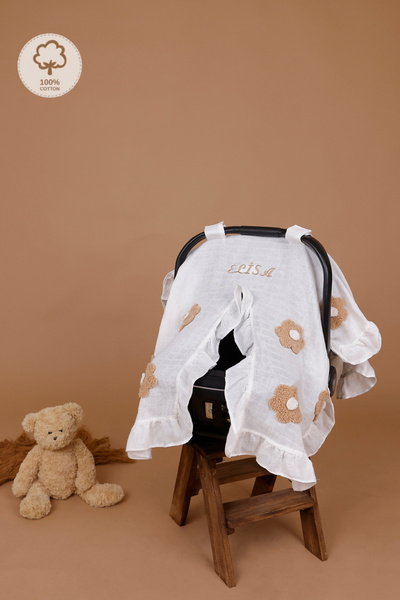 JUNİPERUS Kişiye Özel Nakışlı Fırfırlı Müslin Puset Örtüsü İsime Özel Anakuca...