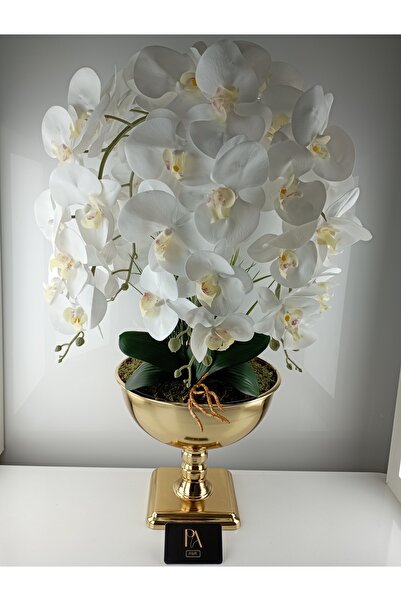 Palpe Metal Saksıda 6 Dal Beyaz Orkide Yapay Çiçek Kız İsteme Nişan Sevgili A...