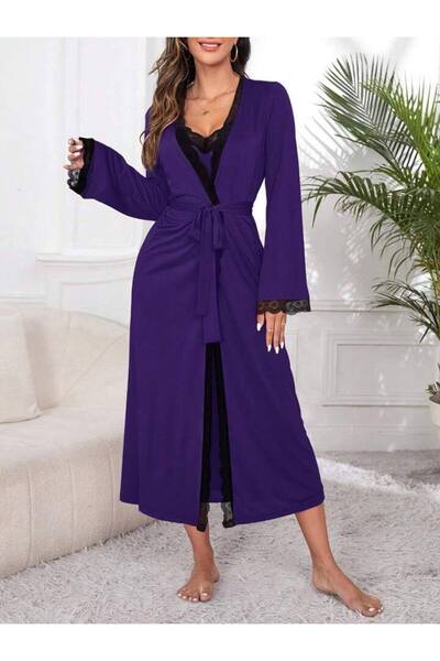 CSR HOMEWEAR KADIN İKİLİ UZUN BOY SABAHLIKLI GECELİK TAKIM HÜRREM MOR