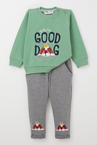 Breeze Erkek Bebek Eşofman Takım Sevimli Kral Köpekçik Nakışlı 6 Ay-2 Yaş, Mint Yeşili