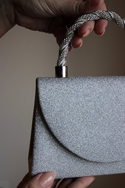 Mimoza Women's Silver Glitter Evening Bag – Stone Detailed Handle - Chain Long Strap