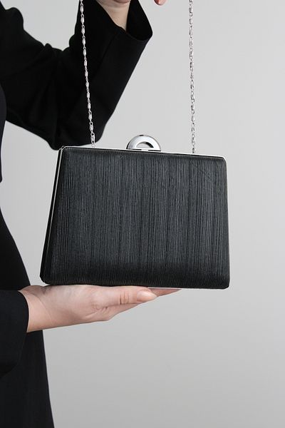 Mimoza Black Lurex Double-Way Evening Bag with Chain and Hand Strap, Movable Handle (Not Ship)