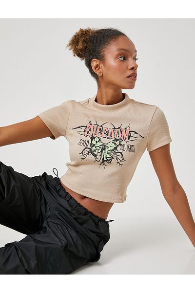 Koton Tricou crop guler cu mânecă scurtă imprimat