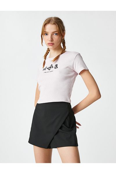 Koton Crop T-Shirt Cotton Printed Crew Neck Short Sleeve