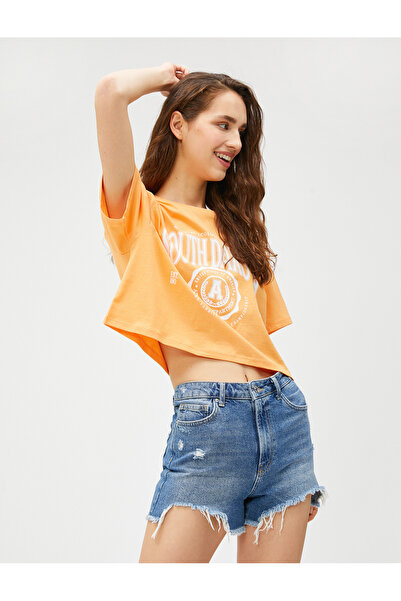 Koton Crop T-Shirt Printed Short Sleeve Crew Neck Cotton