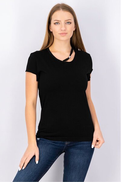 Diesel Women Round Neck Short Sleeve Plain Top, Black