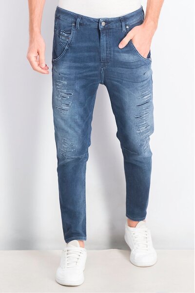 Diesel Men Regular Fit Wash Stretchable Ripped Jeans, Navy
