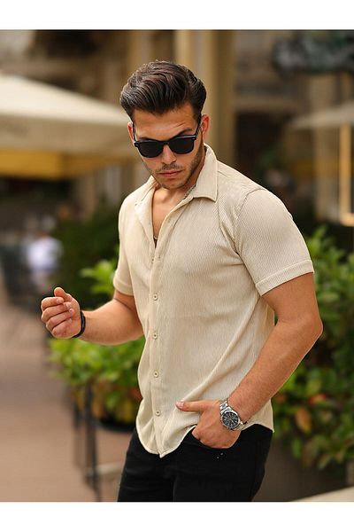 comstar Ανδρικό καλοκαιρινό πουκάμισο Lycra Slim Fit γιακά κοντομάνικο πουκάμισο