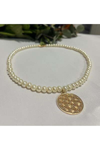 Bujiteri 6mm Cam İnci boncuklu gold yaşam çiçeği  detaylı  kadın kolye modeli
