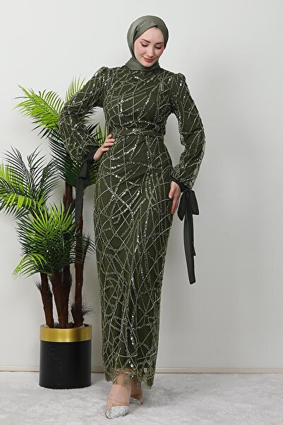 GİZ AGİYİM Βραδινό φόρεμα χακί χρώματος Hijab - Καλό