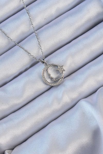 Clariss 316L Steel Chain Silver Color Zircon Stone Ataturk Necklace with Moon and Star Icon