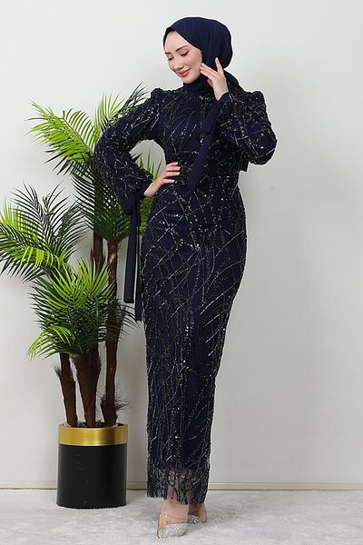 GİZ AGİYİM Βραδινό φόρεμα με μπλέ Navy Hijab - Nazende