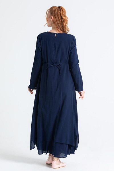 Eliş Şile Bezi Navy Blue Embroidered Sile Cloth Long Hijab Dress - Lcvt