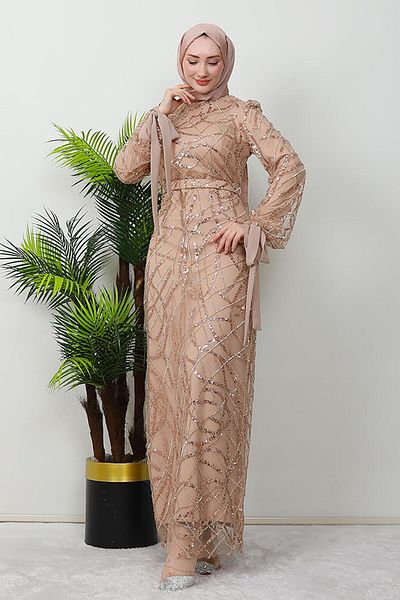 GİZ AGİYİM Χρυσό Βραδινό Φόρεμα Hijab - Καλό