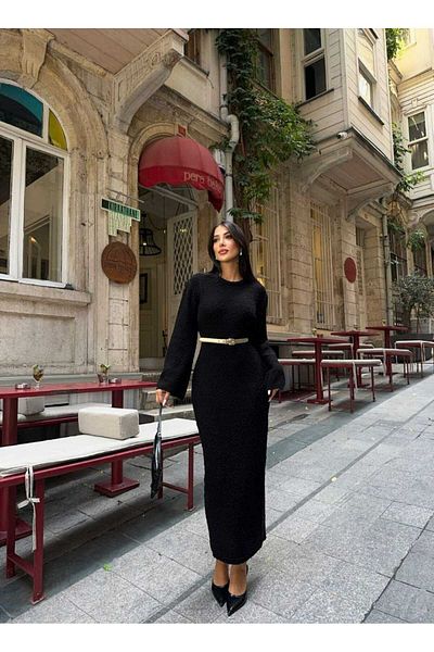 LE CARAMBOLE Γυναικείο μακρύ πλεκτό φόρεμα με λαιμόκοψη με υφή
