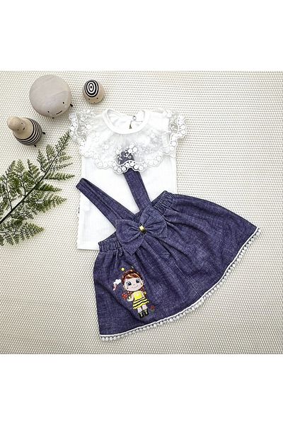 OK AKSESUAR Defnada 1-2-3 Years Old Bee Embroidered Denim Patterned Skirt Cotton Fabric 2-Piece Baby Girl Salopet Set