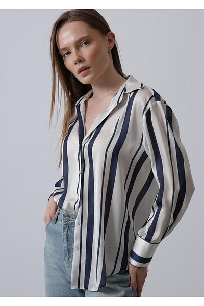 Reyon Women's Navy Blue Striped Satin Shirt