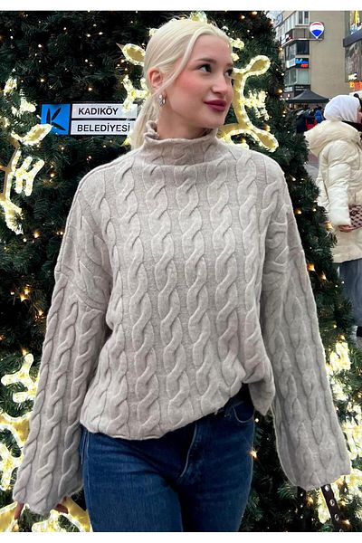 Madmext Pulover tricotat cu gât roscat bej MG2172