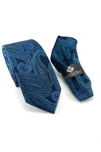 PİERRONİ Navy Blue Green Shawl Patterned Handkerchief Tie