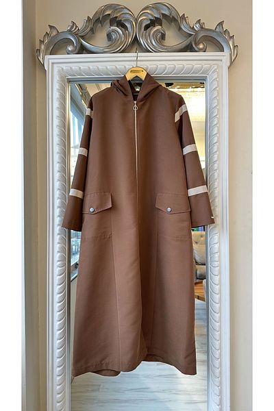 Invee Invee 6929 Model Brown Color Stripe Detailed Trench Coat