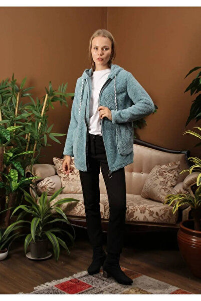 CAN ÇAPAR Kadın Su Yeşili Kapüşonlu Önü Fermuarlı Çift Cepli Oversize Peluş Sweatshirt Alc-x7332