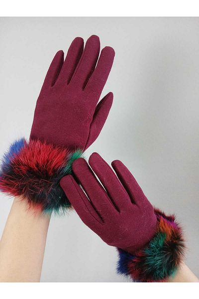 Gönülden Tasarım Colorful Fur Bordo Women's Cascumber Gloves