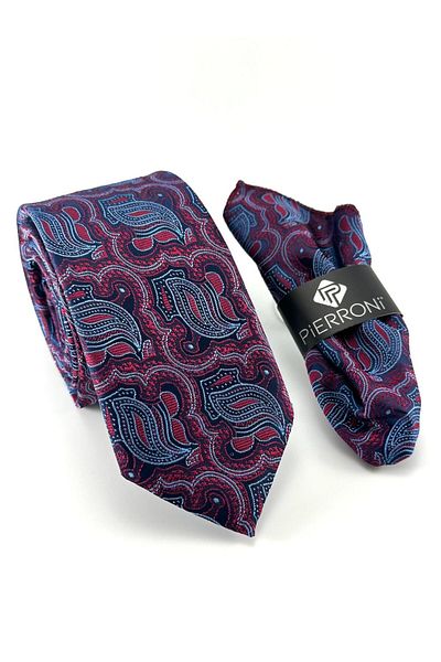 PİERRONİ Burgundy Blue Patterned Handkerchief Tie