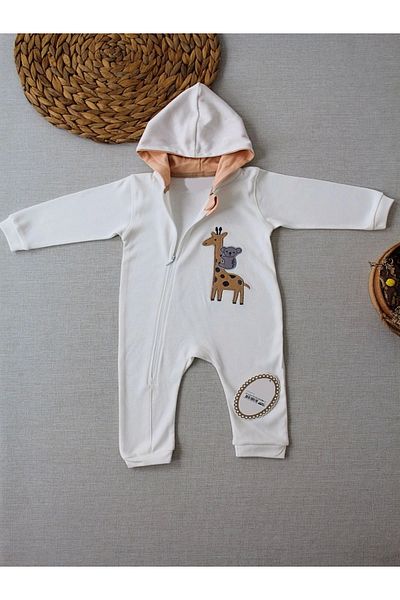 SGDİKEN BUTİK Defnada 6-12 Months Ef Striped - Giraffe Embroidered Hooded Baby Jumpsuit
