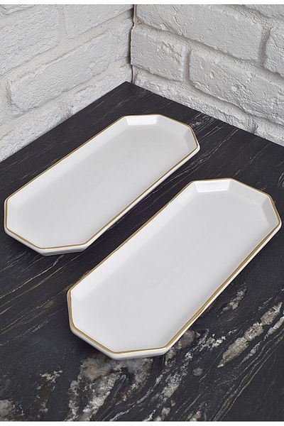 ŞURA MUTFAK Set of 2 Large Size Boat Plates Gold Presentation Plates 32X13Cm