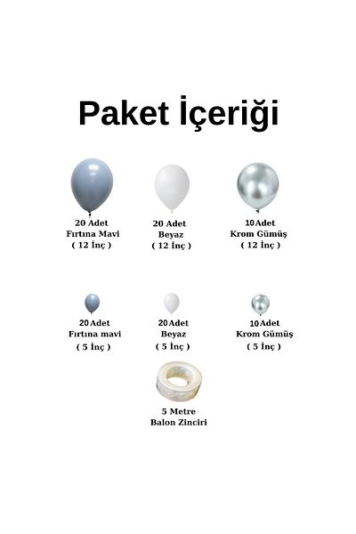 Ata Parti Dünyası Birthday Concept - Storm Blue, Chrome Silver and White 100 Pieces Balloon Chain Set