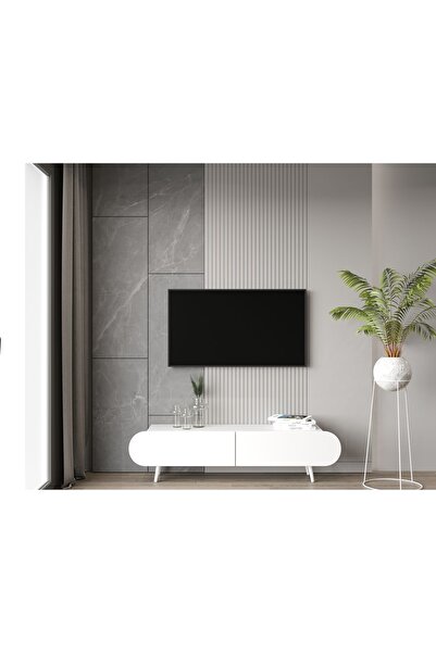 enwood Regulus Beyaz Mdf 2 Kapaklı Ahşap Ayaklı 160 Cm Modern Tv Ünitesi