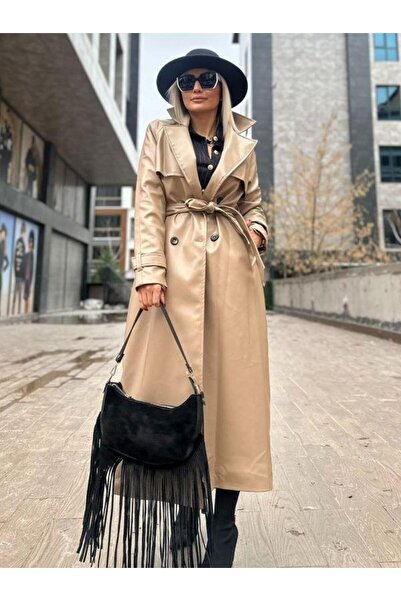 Kokoşum Butik 3871 معطف ترنش جلدي بيج بتأثير أزرار خلفية