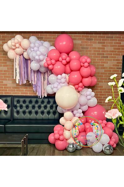 Ata Parti Dünyası Birthday Concept - *Coral* Retro White and Macaron Lilac 60 Pieces Balloon Chain Set