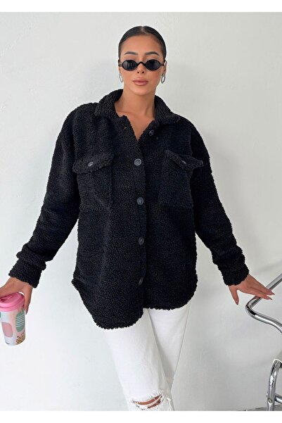Know Women's Black Buttoned Tedy Plush Jacket