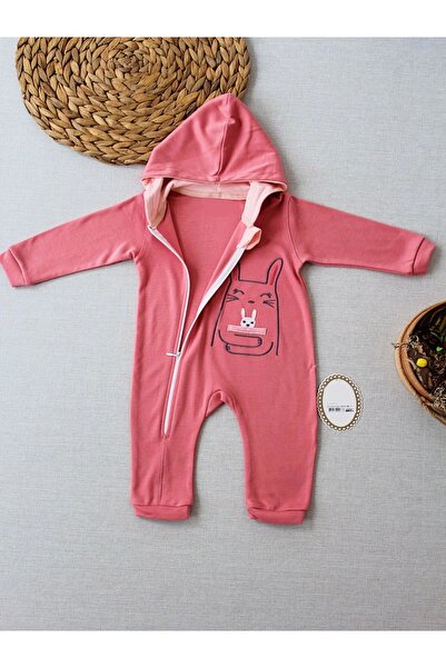 SGDİKEN BUTİK Defnada 6-9 9-12 Months Ef Line Size Zippered Rabbit Embroidered Hooded Baby Girl and Boy Jumpsuit