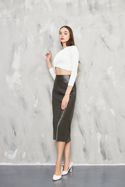 KİM Kİ O Women's Pu Leather Thin Slim Without Pouch Asymetric Cut Zip Closure Skirt