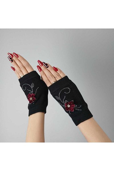 Gönülden Tasarım Black Fingerless Stone Flowered Women's Licra Gloves
