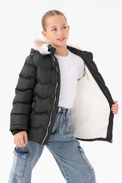 VODENS Girl's Water Repellent Black Coat with Thick Fur and Fleece Underwear