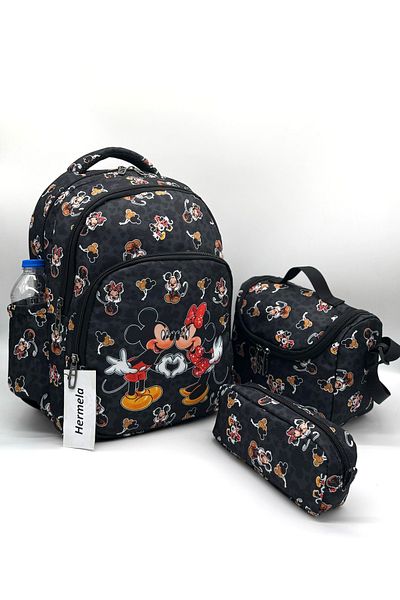Bevitton Set of 3 Primary School Bags for Girl - Black with Mickey Pattern