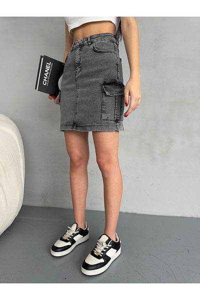 alanora Fusta mini jeans pentru femei cu talie înaltă - Detaliu buzunar cargo
