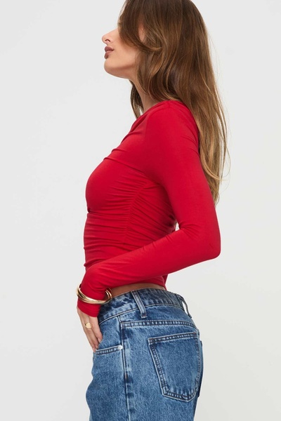 World Fashion Trends Tek Omzu Açık Full Büzgülü Uzun Kollu Crop Bluz