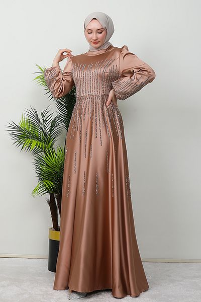 GİZ AGİYİM Aysu Light Mink Hijab Evening Dress with Stone Detail