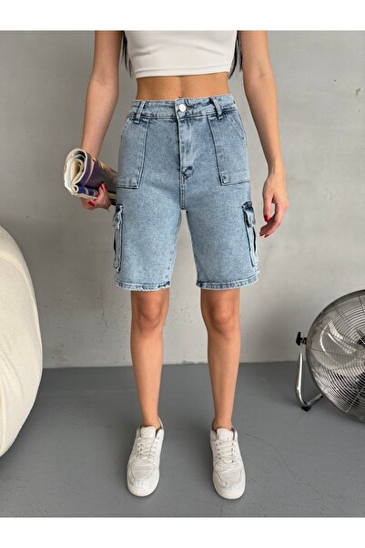 alanora High Waist Flexible Women's Bermuda Jeans - Cargo Pocket