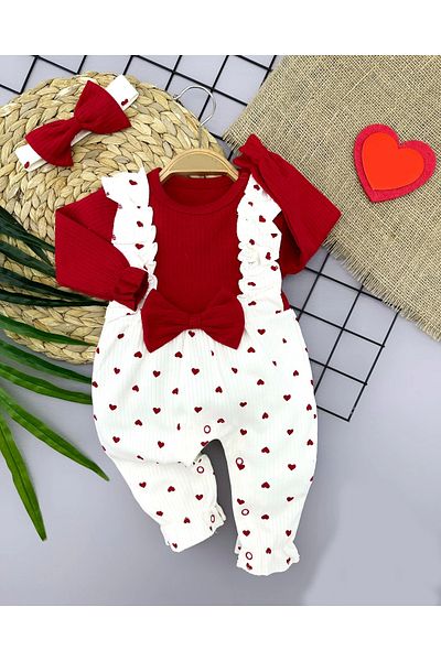 DEFNADA 3-6-9-12 Months Bandanna Bow Detailed Salopet Look Heart Patterned 2-Piece Baby Girl Jumpsuit