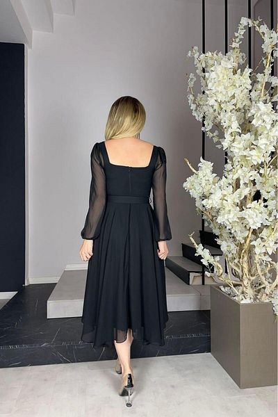 gesmoda G0265 Square Neck Belted Chiffon Dress Black