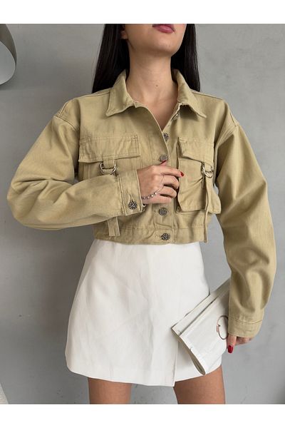 alanora Jachetă de denim crop oversize pentru femei, cu buzunar cargo