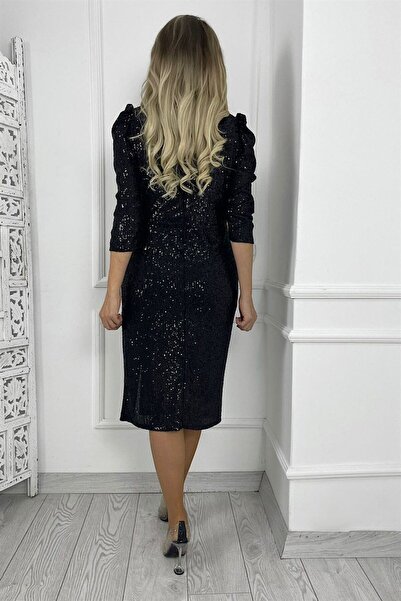 gesmoda G0424 Drape Detaylı Kruvaze Yaka Payet Elbise Siyah