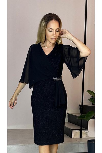 gesmoda G0477 Stone Detailed Chiffon Sleeve Evening Dress Black