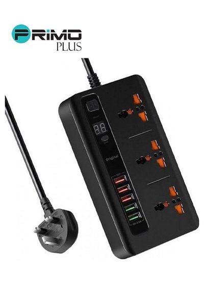 Primo Plus Self-timer electrical outlet with 3 AC outlets and 5 black USB ports that support fast charging