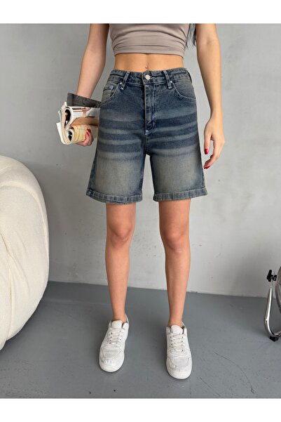 alanora Pantaloni scurți din denim bermude pentru femei cu talie înaltă - Design cu efect